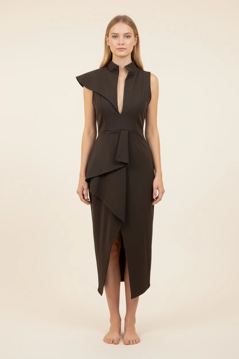 elysian-asimetrik-yaka-drape-katmanli-kahve-midi-elbise